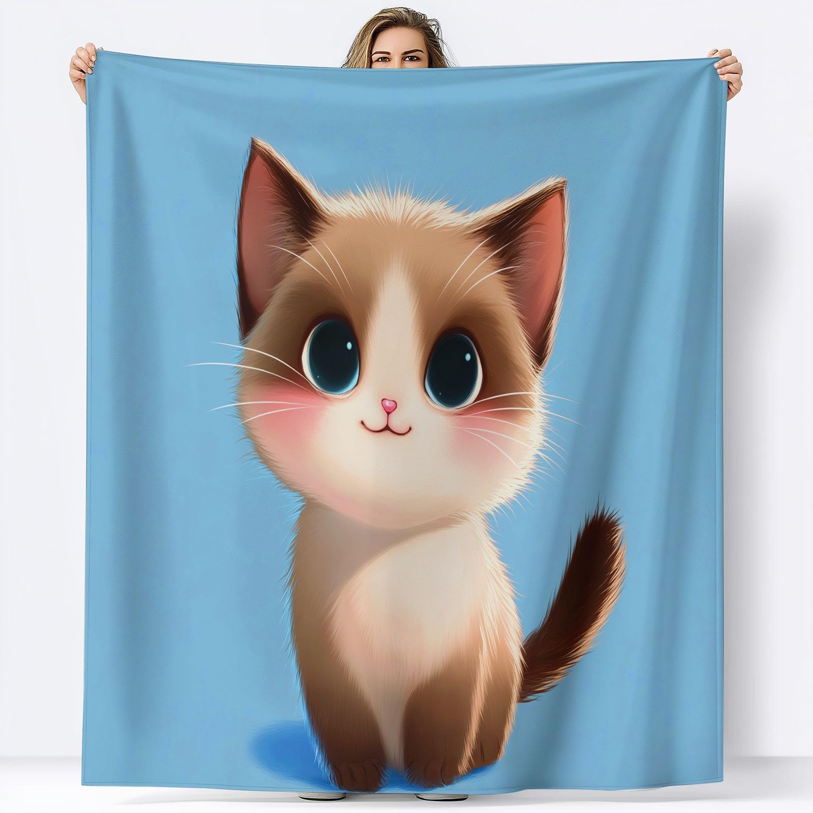 Uroczy koc z motywem zwierzęcym z motywem kota, dla dzieci, błękitny, miękki, przytulny, puszysty, flanelowy koc dla dziewcząt, 180 x 200 cm, ciepła pościel polarowa na sofę, kanapę, prezent
