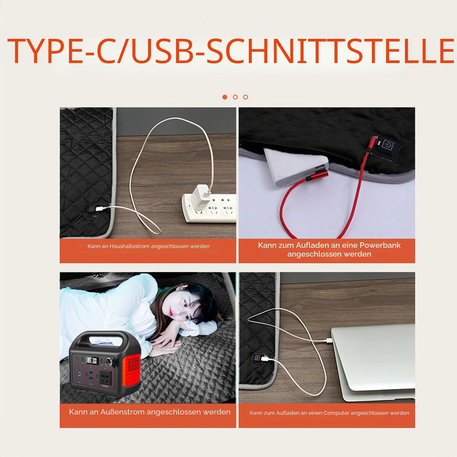Fockety Beheizbare Isomatte, beheizbarer Schlafsack-Inlett mit 4 Heizzonen, 3 Temperaturstufen, Typ C oder USB-Stromversorgung, beheizbare Campingdecke für Camping, Sofa