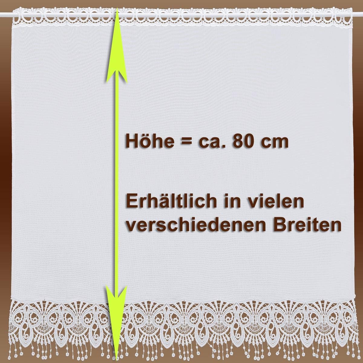 Scheibengardine Nala mit Perlenschnur-Fransen Scheibenhänger aus Vogtländischer Spitze weiß | Kurzstore mit modernem geometrischen Muster | Kurzgardine klassisch-zeitlos | Höhe x Breite 80 x 112 cm