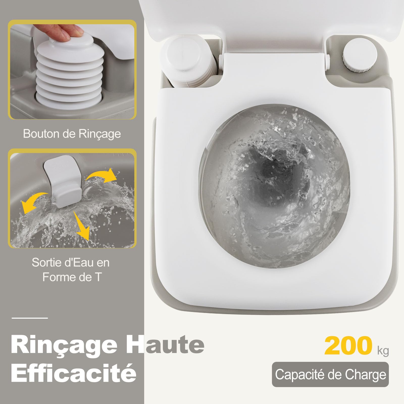 COSTWAY Toilette Portable avec Réservoir à Déchets de 20 L, Toilette Mobile avec Pompe de Rinçage et Entonnoir Télescopique, Commode pour Voyage Pêche Bateau Randonnée, Gris