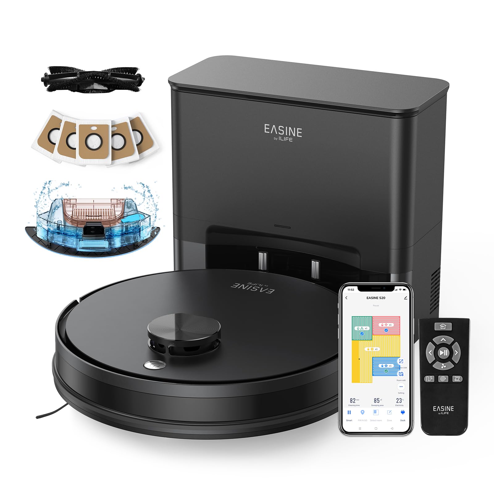 EASINE Robot Vacuum and Mop with Self-Empty Station, 5000Pa Suction, LiDAR Navigation Smart Mapping, App & Alexa Control, Robot Vacuum Cleaner for Pet Hair, Carpets & Hard Floors, S20