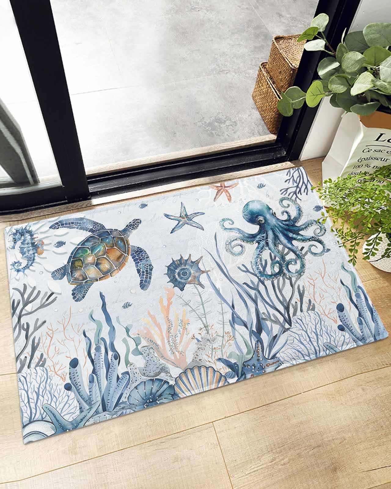 Ocean Turtle Octopus Bath Rug Fluffy Shag Area Rug,Coastal Coral Starfish Soft Shaggy Carpet,Blue Ocean Sealife Non-Slip Water Absorb Warm Fuzzy Shag