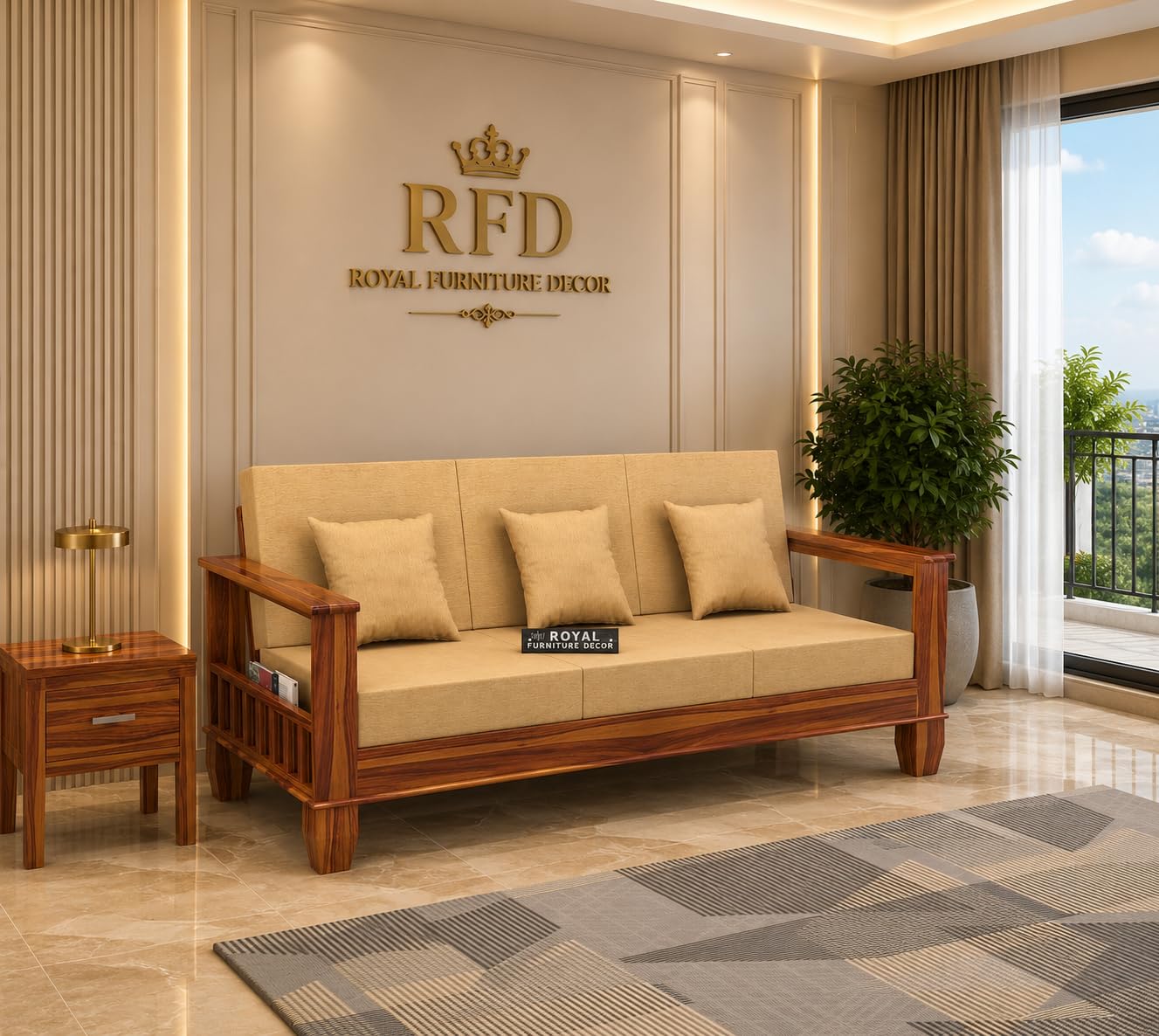 Royal Furniture Decor Sheesham Wooden 3 Seater Sofa for Living Room | Rosewood Cushion Sofa with Side Newspaper Holder for Home & Office | Lounge (Honey, 3 Seater)-image-25