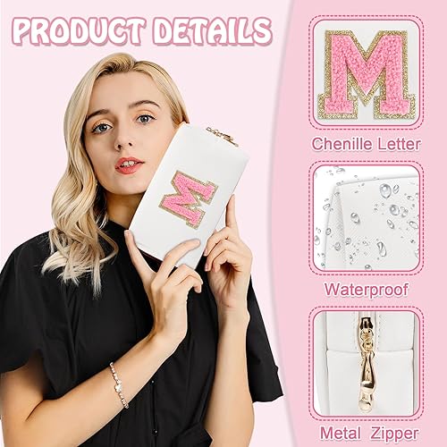 Miniatura 3 de Biileen Bolsa de maquillaje preppy inicial personalizada Pequeña bolsa de carta de chenilla de viaje linda, blanco-1