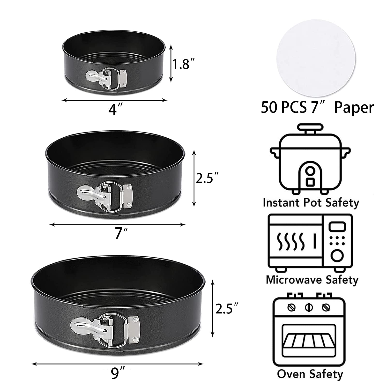 Springform-Kuchenform-Set und Kuchen-Drehteller & Dekorations-Kits, 10.2 cm/17.8 cm/22.9 cm, inklusive 50 Stück Kuchenpapier mit 12 Kuchendekorationsspitzen, schwarz