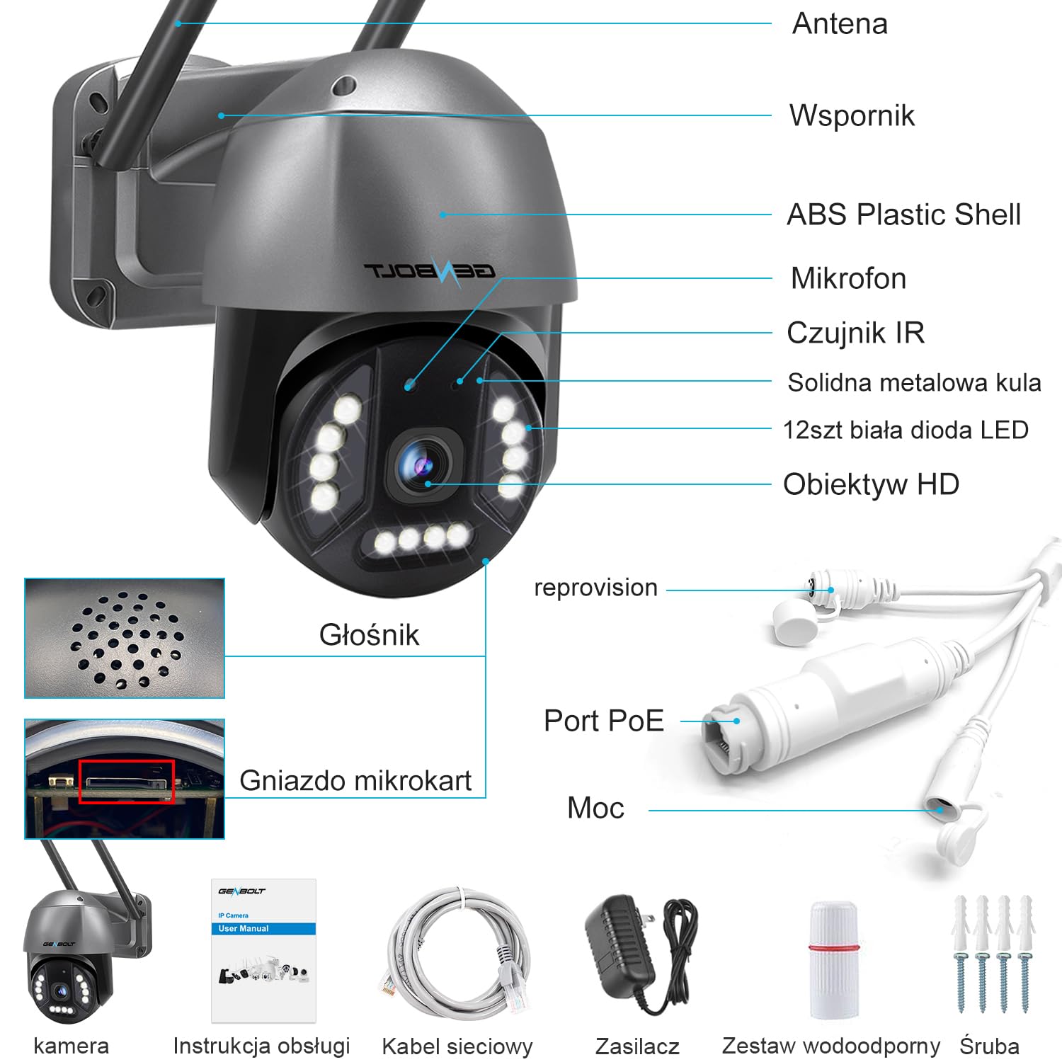 GENBOLT 4K PoE Kamera WIFI,8MP 2.4&5GHz Zewnętrzna CCTV | Wykrywanie Osób/Pojazdów, Nagrywanie 24/7, Auto Śledzenie, Noktowizja Kolorowa