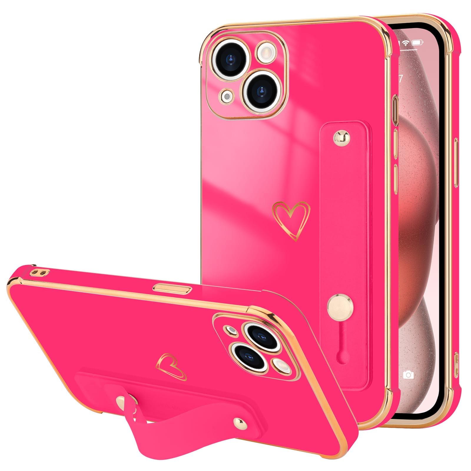 LLZ.COQUE for iPhone 15 Case for Women Girls, Bling Luxury Plated Bumper with Love-Heart Design, Adjustable Hand Strap Stand, Raised Edges Soft