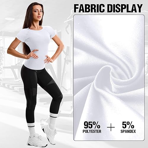 Miniatura 5 de Coume Paquete de 4 camisetas de compresión para mujer, de manga corta, para entrenamiento, correr, atletismo, yoga, gimnasio, equipo deportivo,