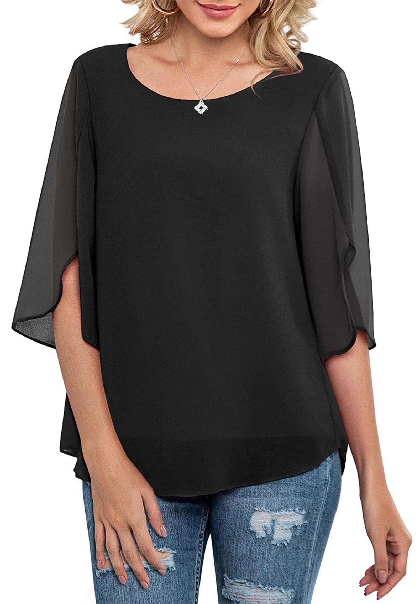Neineiwu Damen Chiffon Tunika Lässig Rundkragen 3/4-Ärmeln Bluse Mesh Fließende Shirts Loose Fit Oberteile