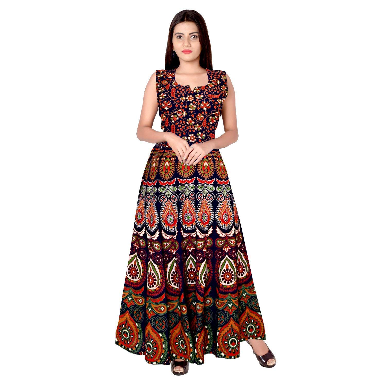 MoniqueWomen Brand Present Rajasthani Traditional Cotton Designer Long Midi Maxi Dress In Jaipuri Printed (Free Size___Xl),multicolor