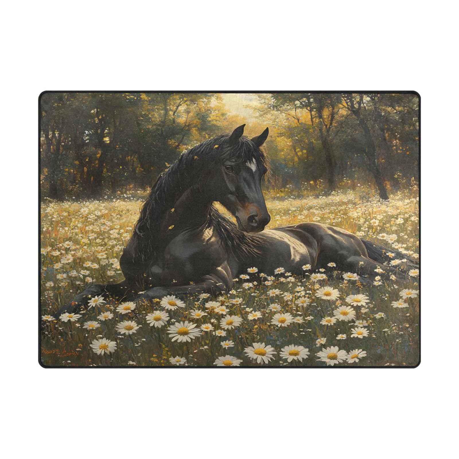 Tapis de sol contemporain aux grands motifs marguerites noires design