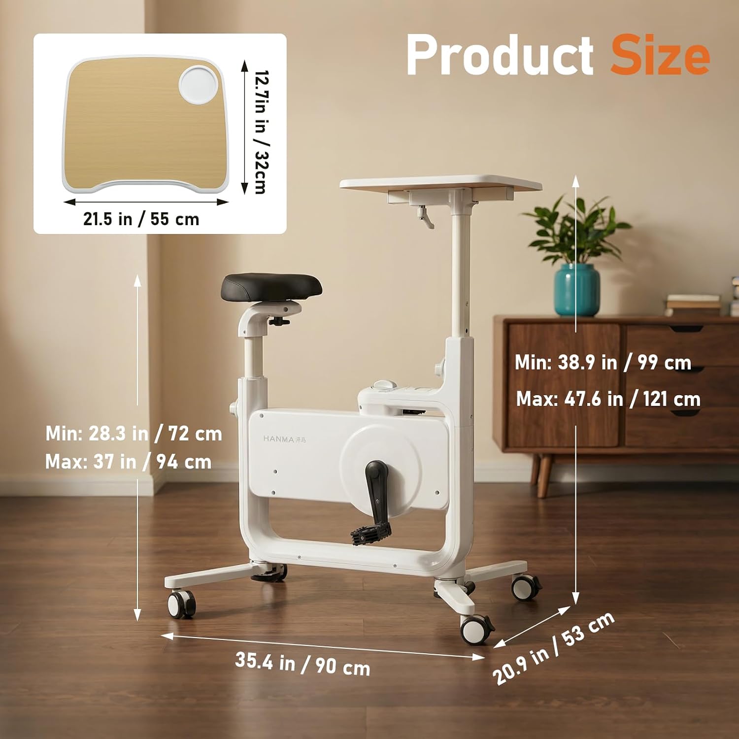 2-in-1 Exercise Bike with Desk for Height 4'7"-6'2", 264lbs Capacity&Mobile Storage Under Desk Bike, 30dB Stationary Bikes with Adjustable Height Desktop Seat for Leisure, Weight Loss, Rehabilitation