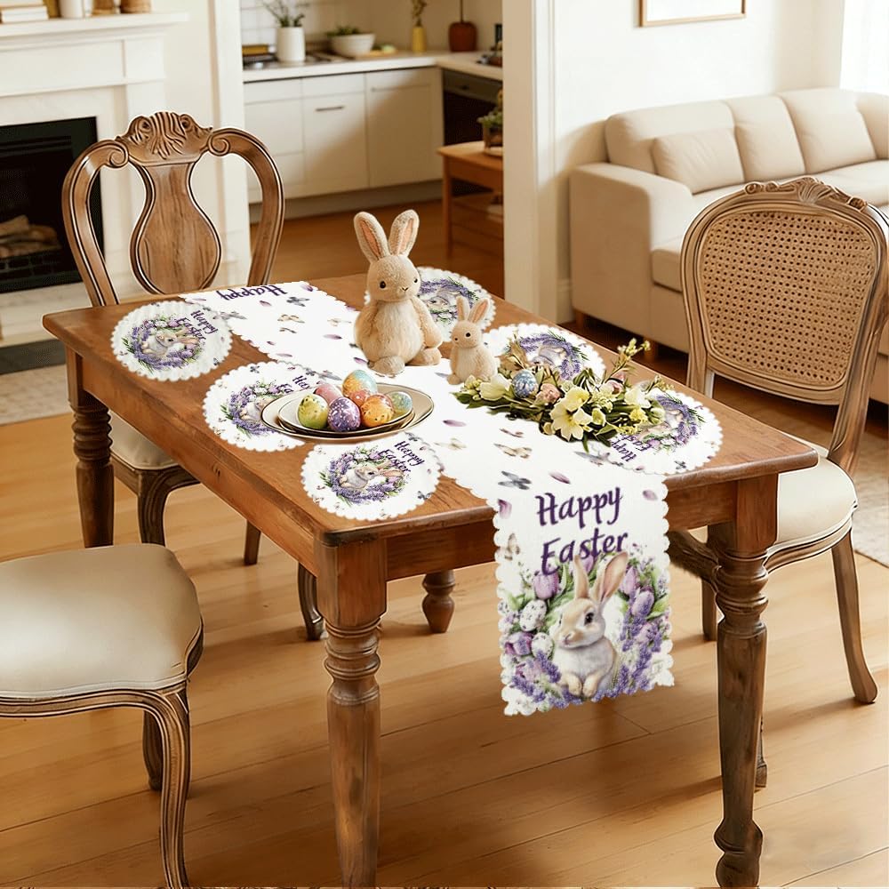Rabbit Easter Table Runner, Includes Six Round Rabbit-Patterned Placemats, Spring Rabbit and Flower Pattern, Easter Home Kitchen Dining Table Decoration Non-Paper doilies