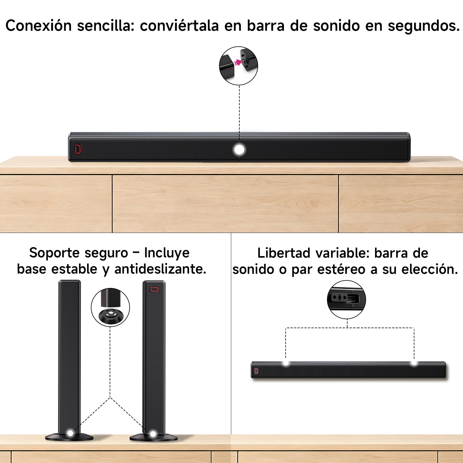 JYX 2.1ch Barra de Sonido para TV, 2026 Upgrade 120W 2 en 1 Desmontable, Barras Altavoces Bluetooth 5.3 con ARC/Opt/AUX, Graves Ajustables (4 Altavoces + 2 Tubos Reflex)
