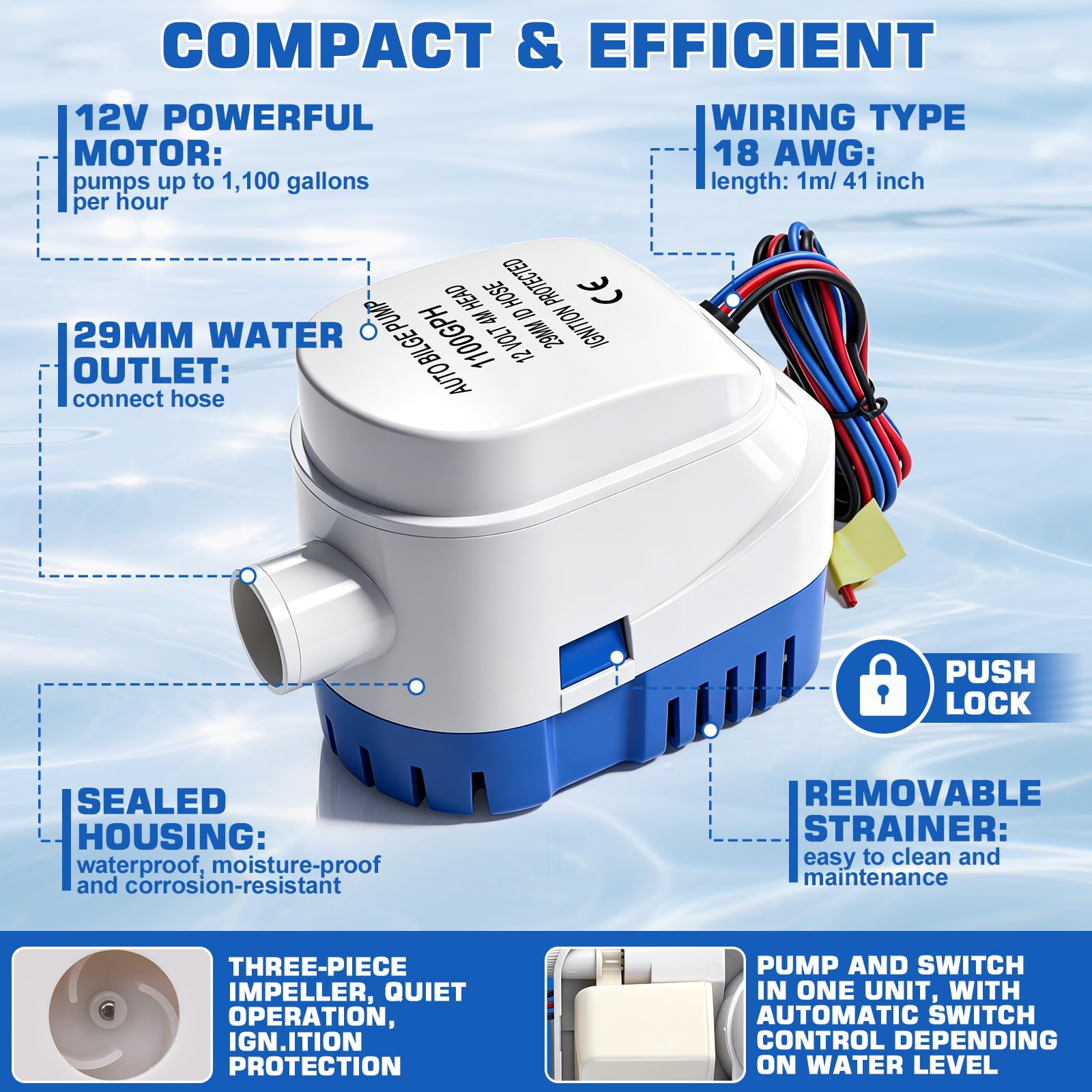 KAOLALI Automatische Bilgepumpe 12V 1100GPH Marine Bilgenpumpe Tauchpumpe 29mm Automatische Boots Lenzpumpe Elektrische Lenzpumpe Bilgenwasser Pumpe für Boote, Teiche, Pools