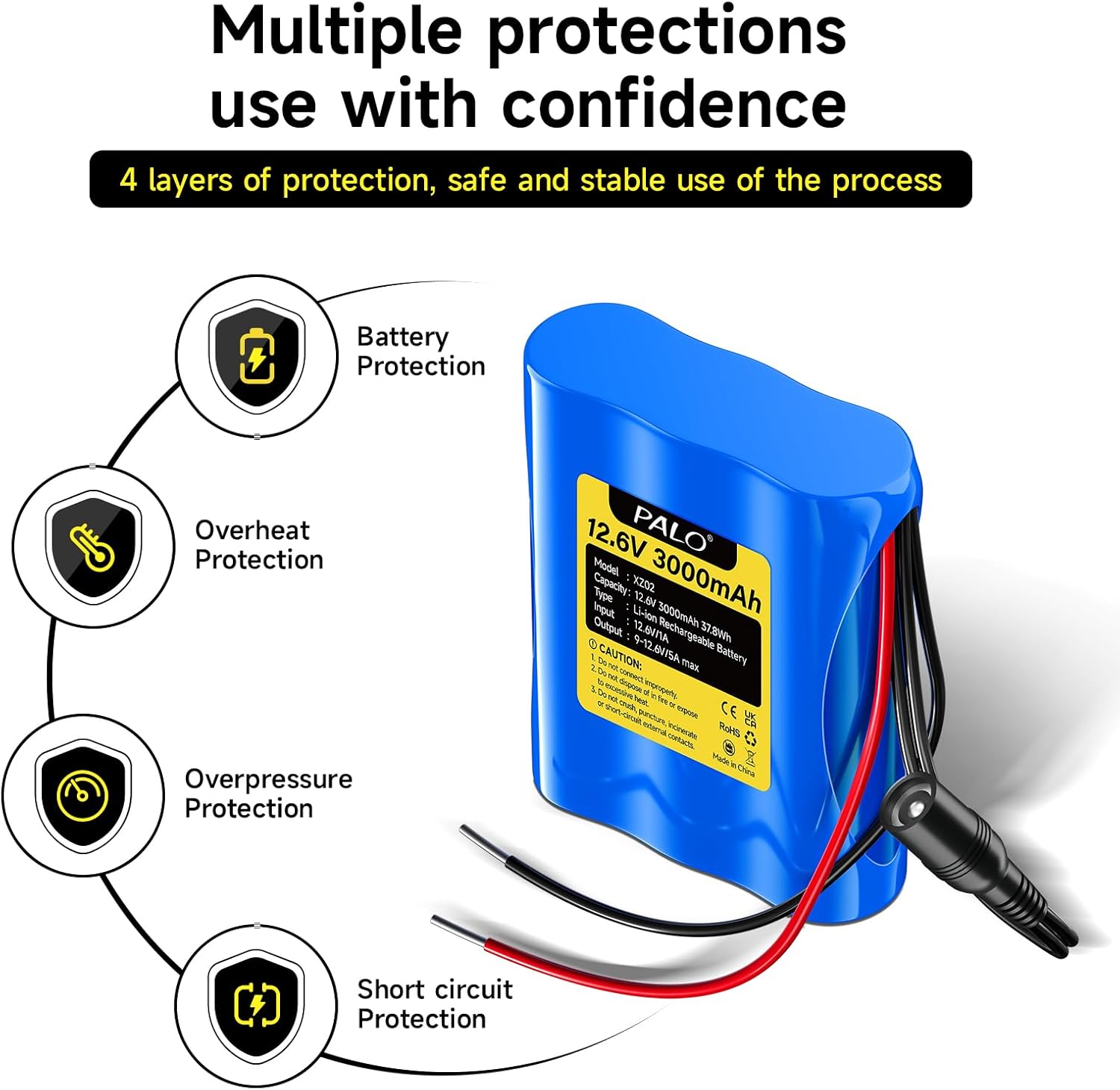12V 3000mAh Rechargeable Li-ion Battery,Bare Leads Wire Replacement Battery Pack with Charger Compatible with 12 Volt Devices RC Car, Boat, Robot, DIY, LED Light Strip, CCTV - Image 3
