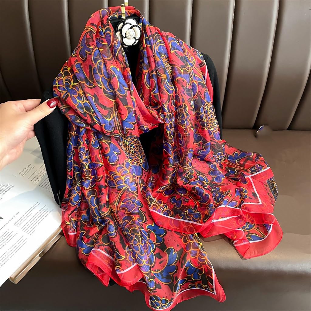 Foulard en Soie Douce Grande Taille imprimé Foulard de Plage Pivoine Xiangyun Tourisme Vacances crème Solaire écharpe
