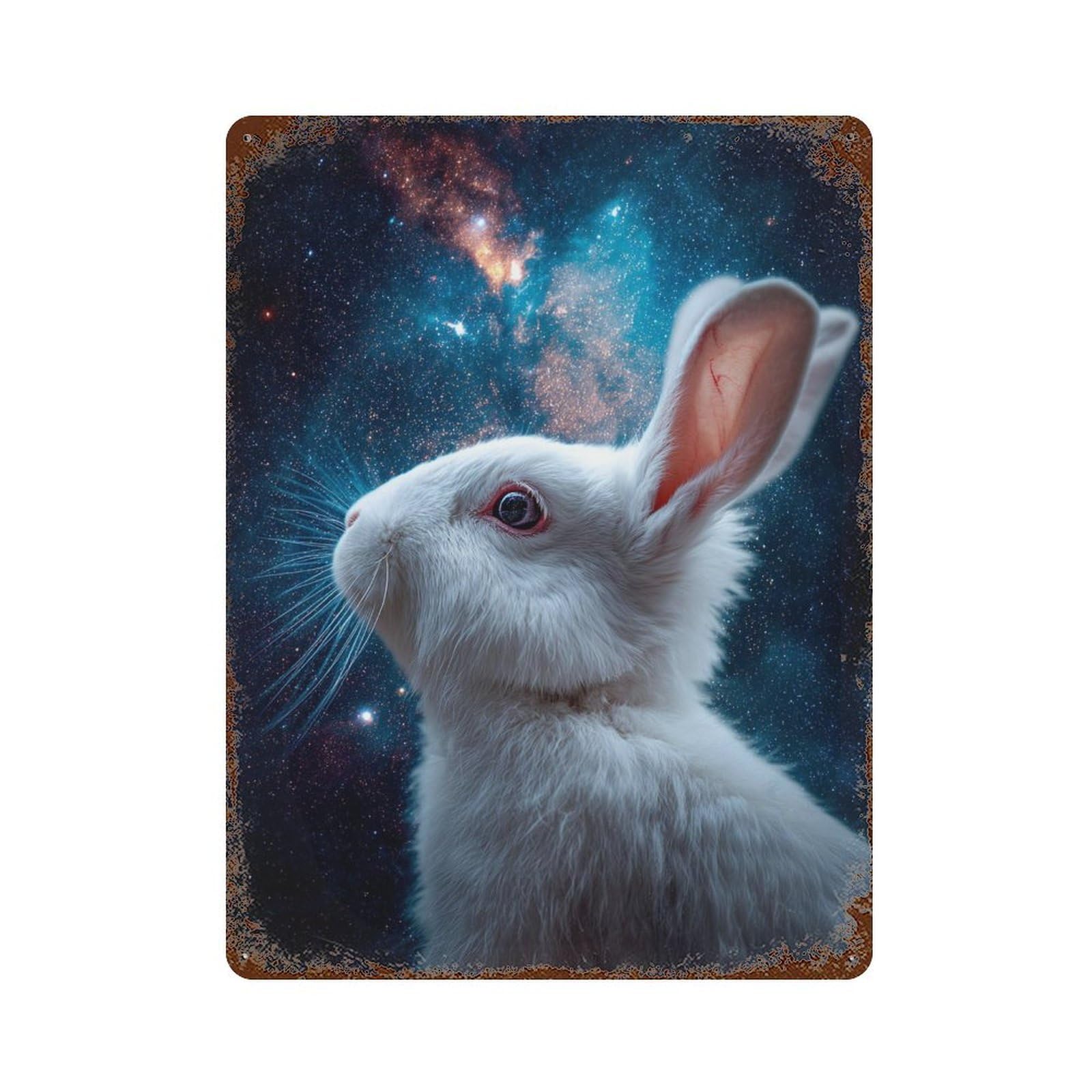 Space Bunny Celestial Tail Rusty Metal Tin Sign 15.7"x11.8", Rustic Home Decor for Garage, Pub Or Kitchen