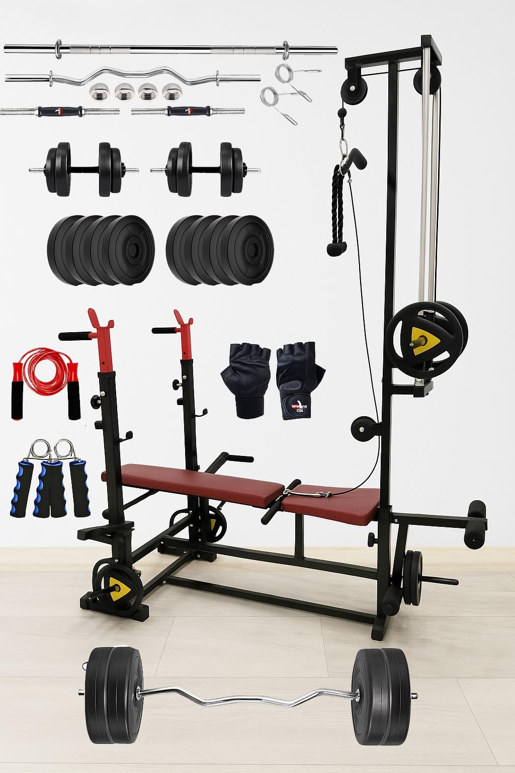 SAFECO FITNESS 10KG -100KG PVC Weight Plates Combo with 20 in 1 Home Gym Bench, 5Ft Plain and 3Ft Curl Barbell Rods (23mm), Pair of Steel Dumbbell Rod & Accessories (10, Kilograms)-image-14