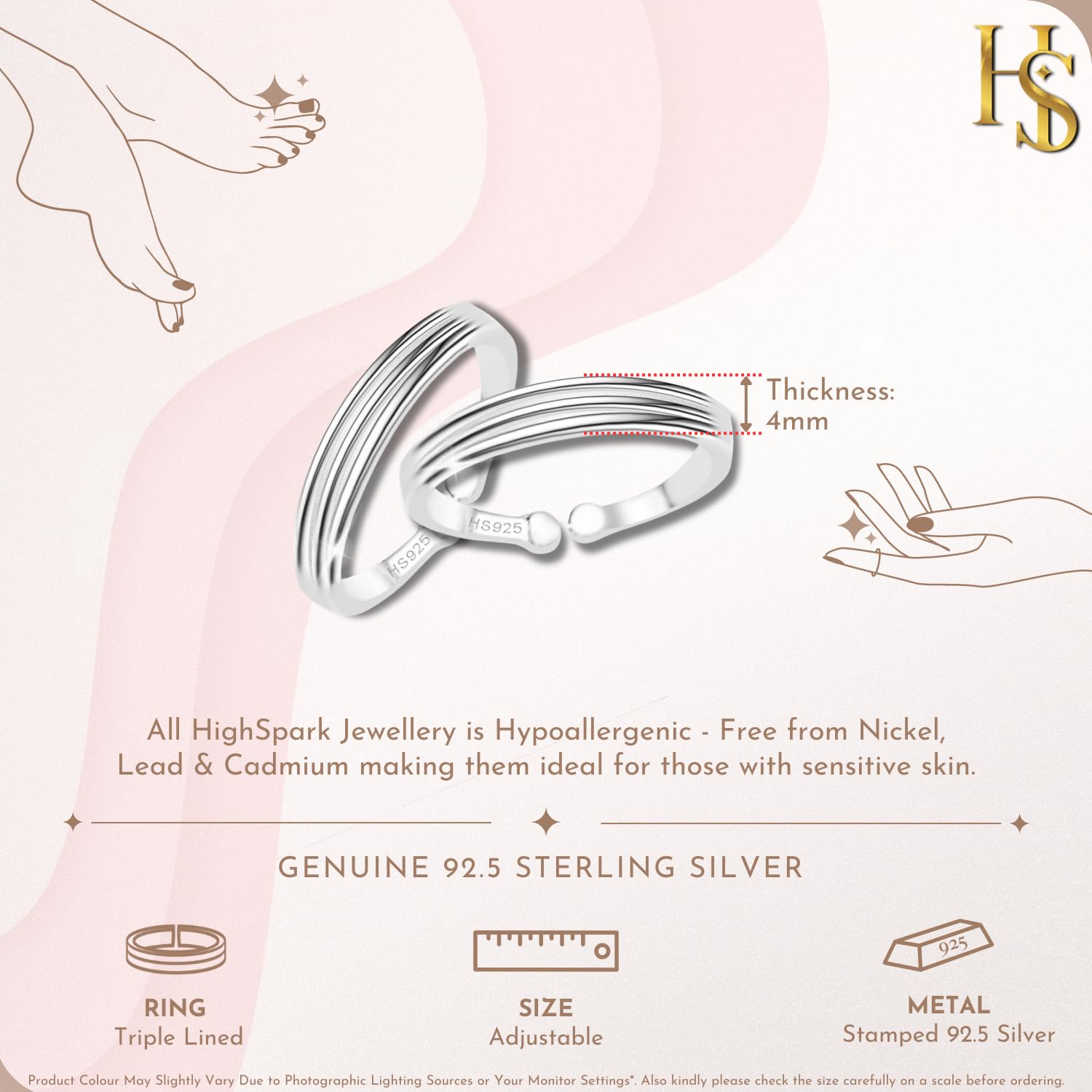 92.5 Sterling Adjustable Toe Rings Contemporary Style & Stunning Shine Two Line