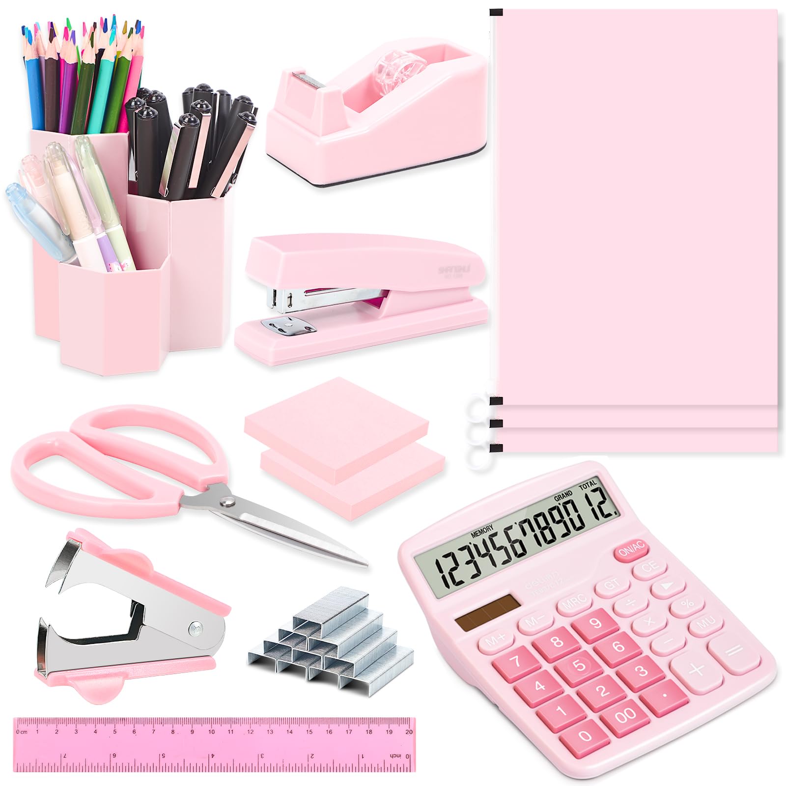14 Pcs Pink Office Supplies Set, Desk Organizer Accessories with Pen Holder, Tape Dispenser, Stapler and Staple Remover, 2000 Staples, Calculator, File Pocket, Ruler, Scissors, Sticky Notes
