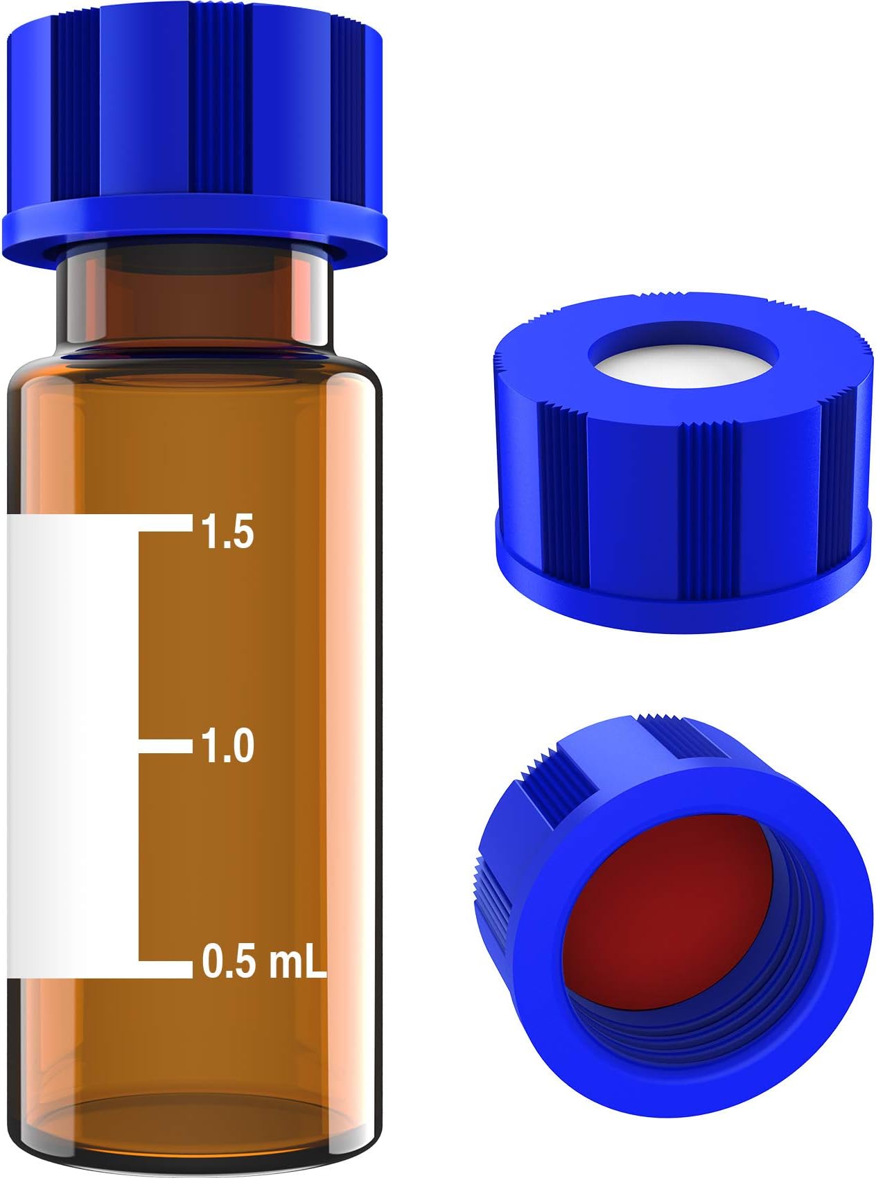 SimPure 2ml HPLC Vial, Autosampler Vial, Alberts Filter Amber Lab Vial, Sample Vial with Writing Area, 9-425 Screw-Thread Vial, Blue Screw Cap with Hole, Red PTFE & White Silicone Septa 100 Pack