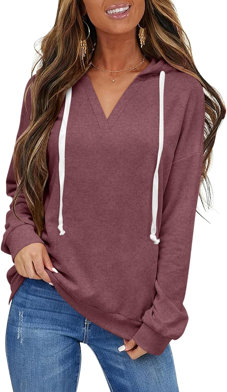 Womens V Neck Hoodie Lightweight Long Sleeve Sweatshirts Casual Loose Drawstring Pullover Fall Fashion Top 2026