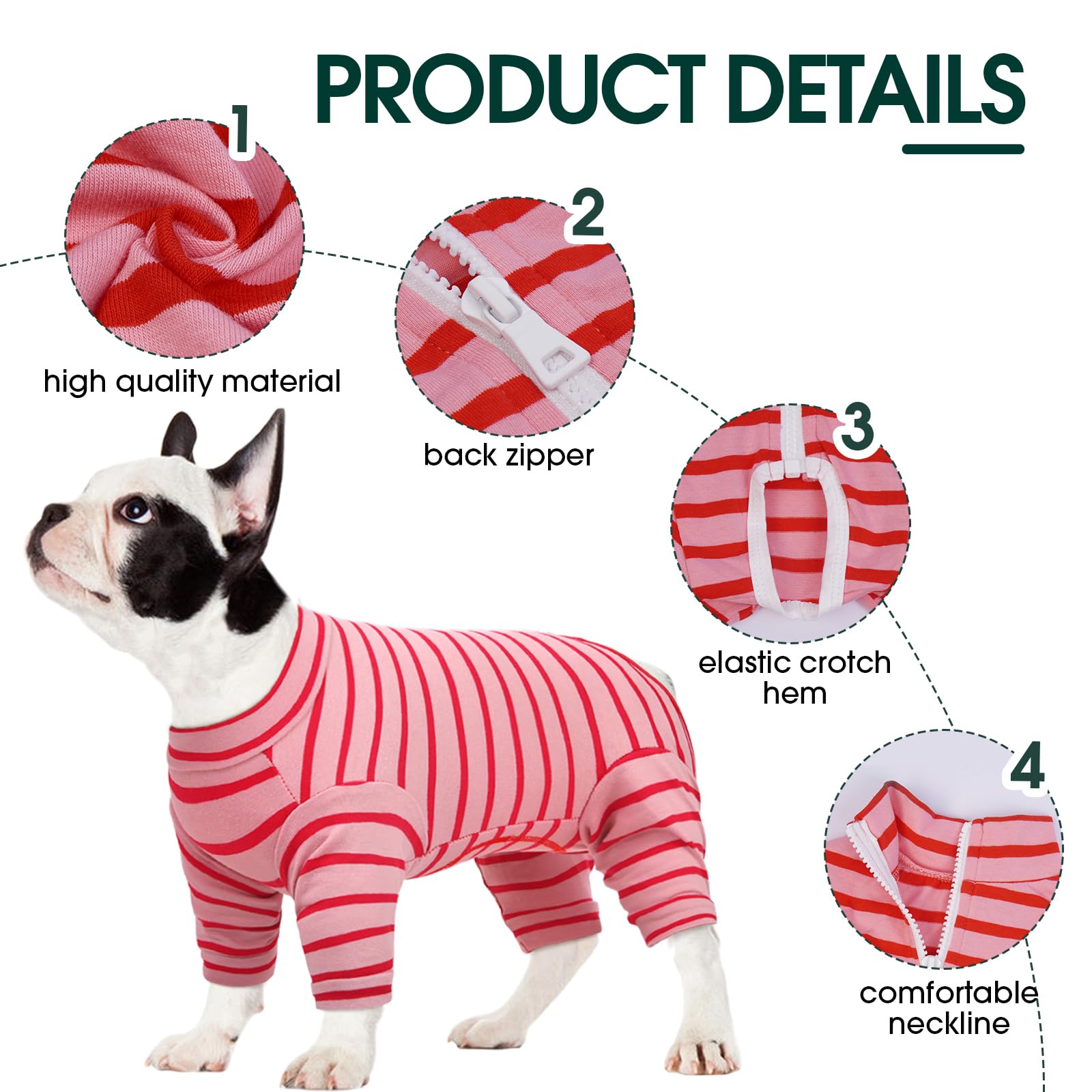 Kuoser Pink Striped Dog Onesie, Female Dog Surgery Recovery Suit, Small & Medium Dogs, Cotton Blend, Size S - Image 3