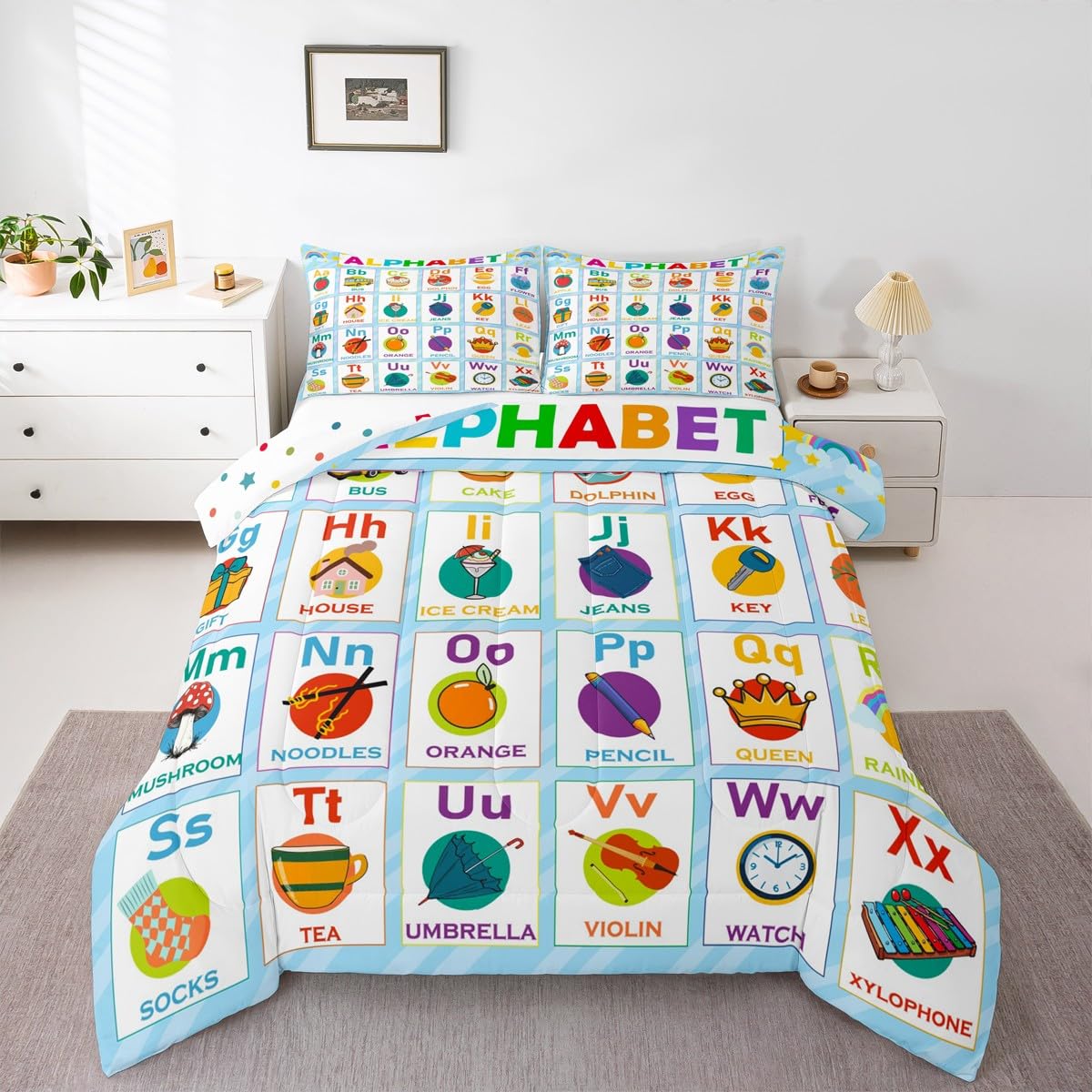 Feelyou Alphabet Bedding Set Full Size, ABC Alphabet Comforter Kids Toddler Learning Time Comforter Set Educational Learning Duvet Set Microfiber Bed Set