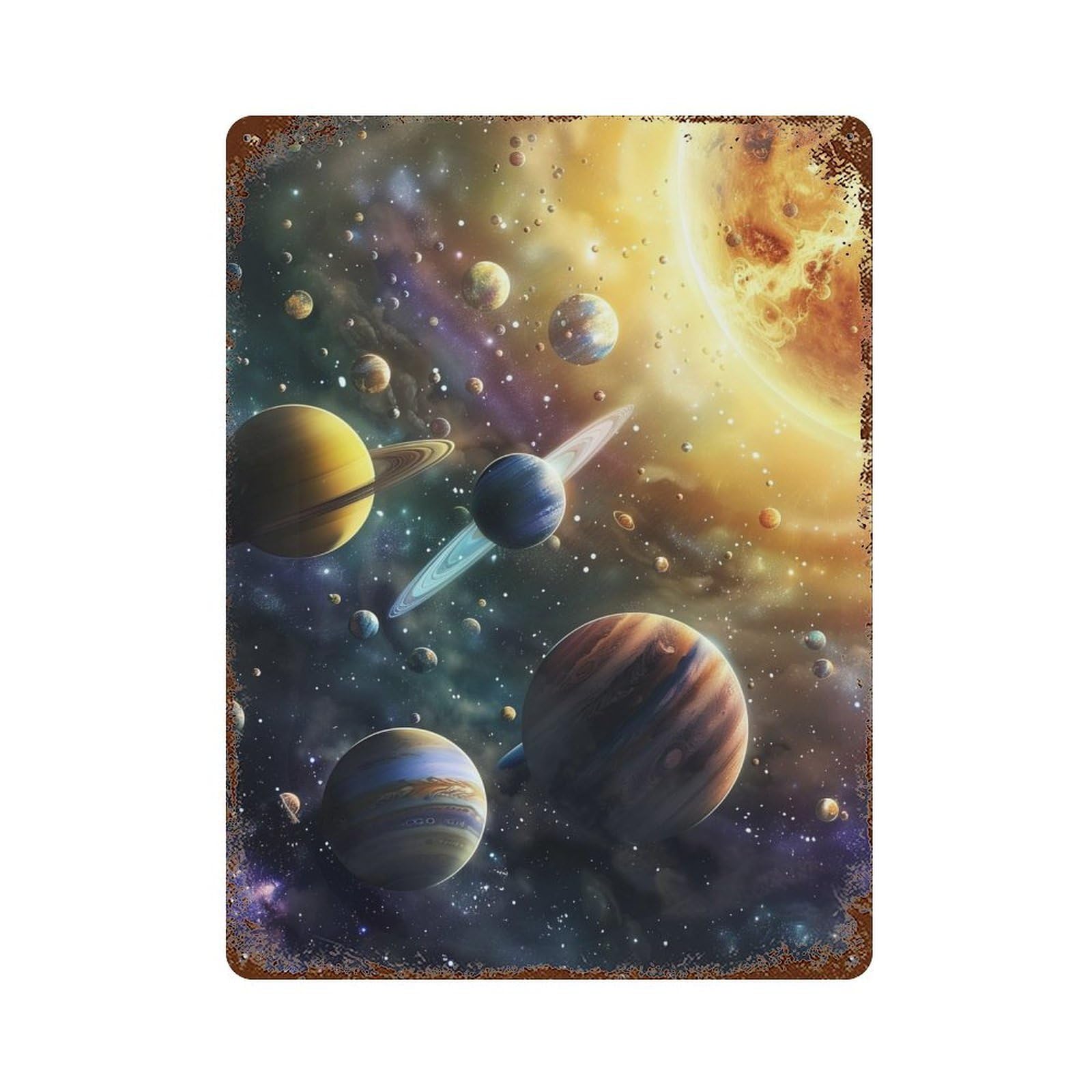Garage Style Galaxy Planets Space Artwork Rustic Tin Plaque 15.7"x11.8", Farmhouse Wall Decor for Bar And Workshop