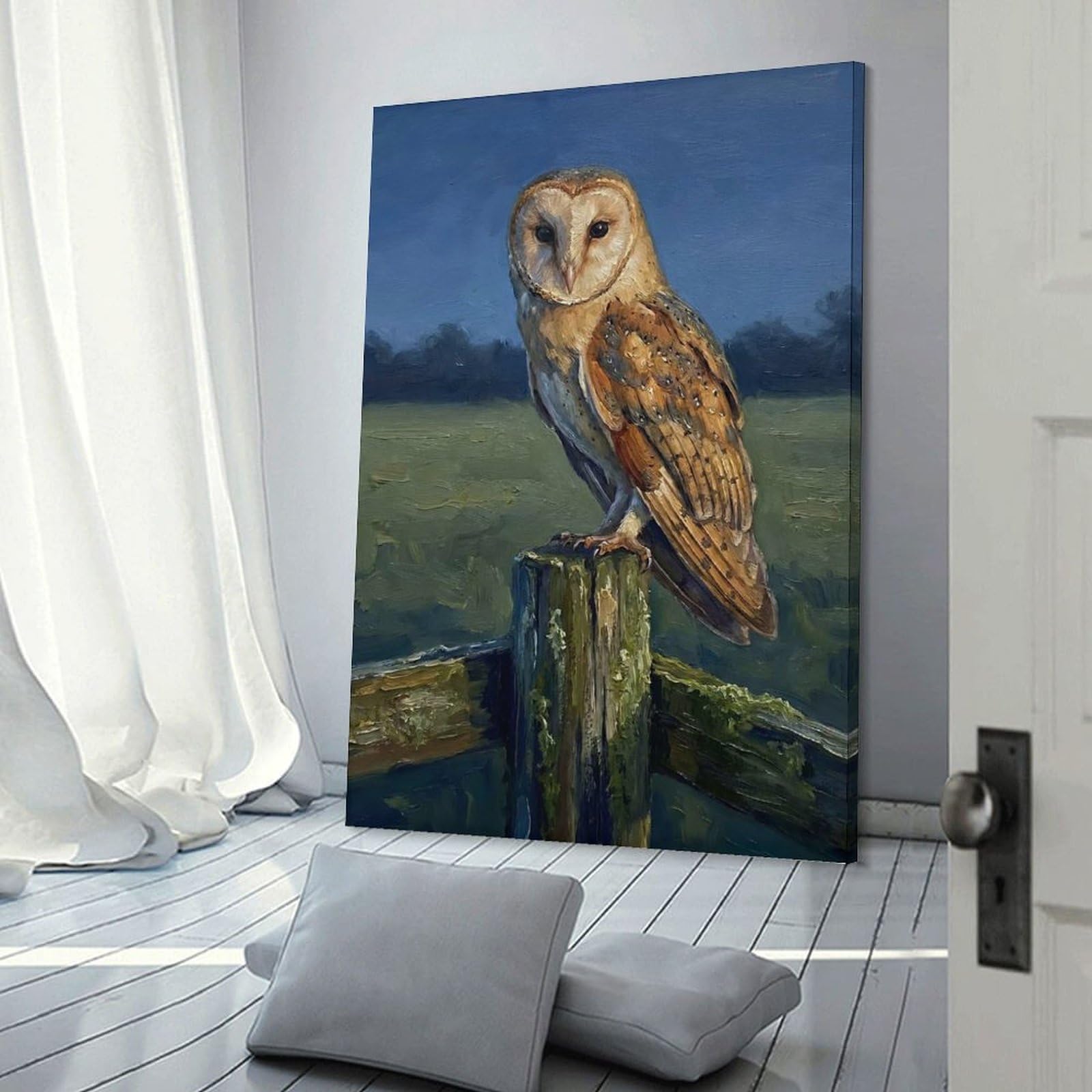 Junmoney Frame-Style-23 Hanging Wall Art Barn Owl Perched On A Post, 16X24inch(40X60cm), For Entryway, Lounge Links Or Small Walls, A Neat Decor Update For Hallways