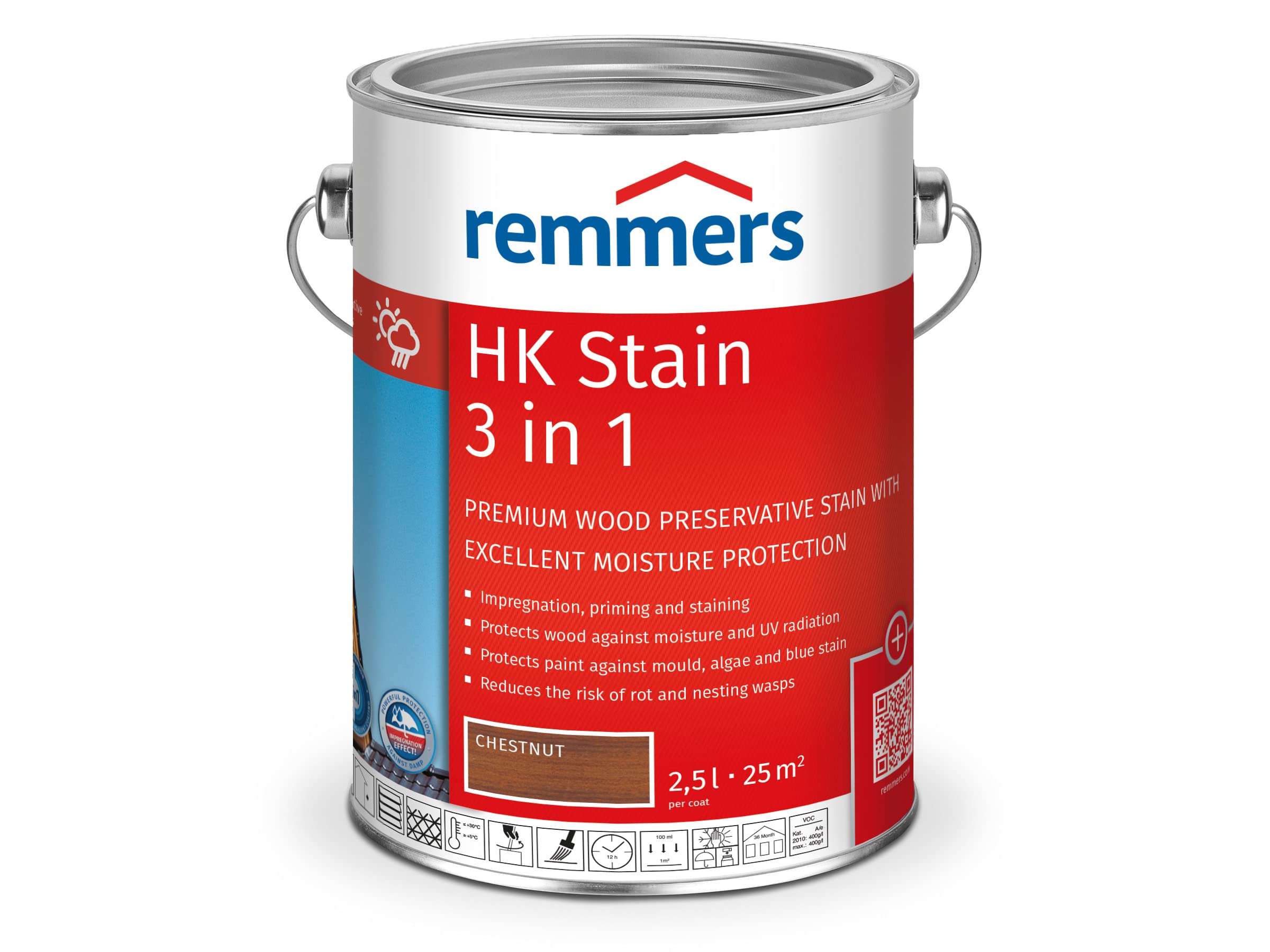 Remmers Chestnut Hk Stain 2,5 Litres, Decorative, Solvent-Based Premium Wood Preservative Stain For Exterior Use, 3-Fold Wood Protection With Impregnation + Primer + Stain