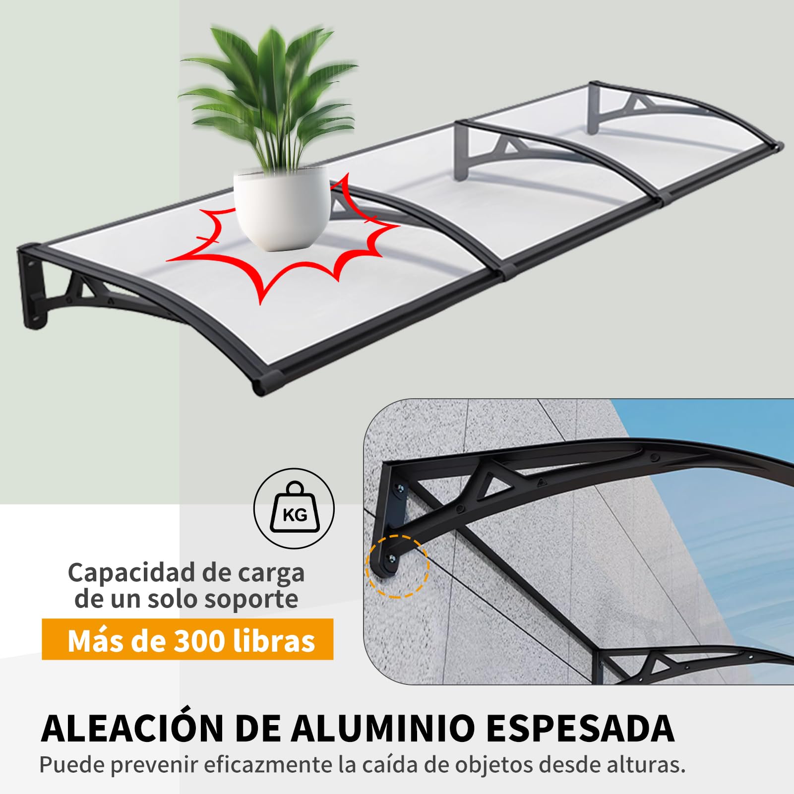Marquesina Puerta Exterior, Marquesina para Puerta de Entrada, Toldo Exterior de Policarbonato y Aluminio, Protección contra Lluvia, Nieve y Sol, Fácil Instalación(80×160cm)