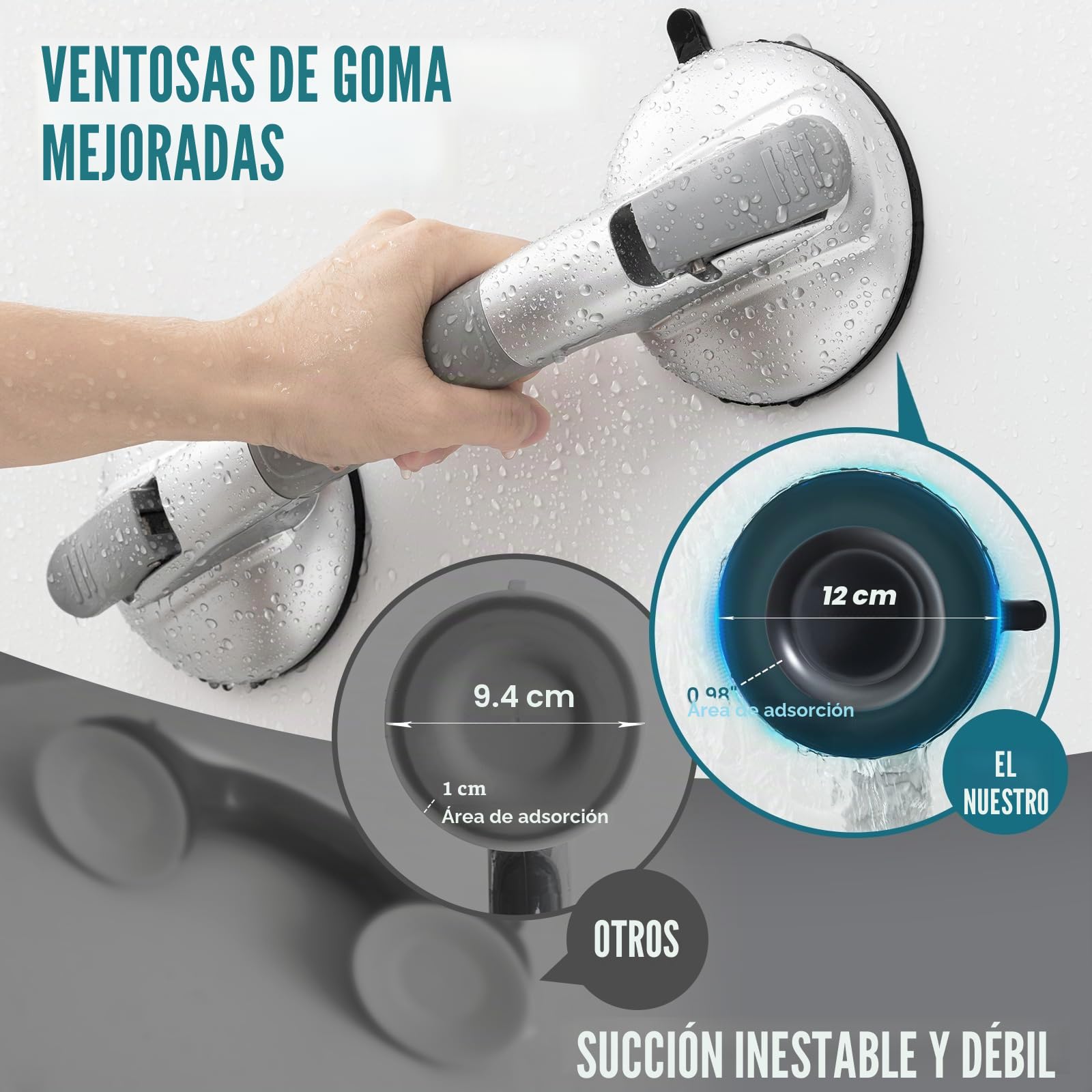 TAILI Asa de Seguridad para Baño, MÁX 150 KG, Equipado con ventosas de goma mejoradas, Succión Barra de Agarre para Azulejos Texturizados, Agarraderas de Succión para Baño, Sin Taladrar, Plata