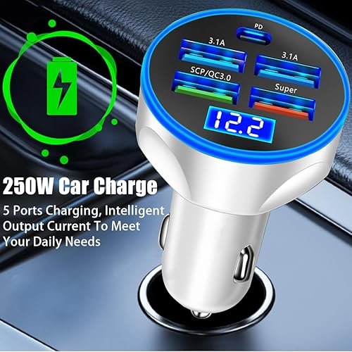 Miniatura 3 de Cargador de coche USB de 5 puertos, adaptador de encendedor de cigarrillos de carga súper rápida de 250 W con monitor de voltaje LED, 4 USB + tipo C