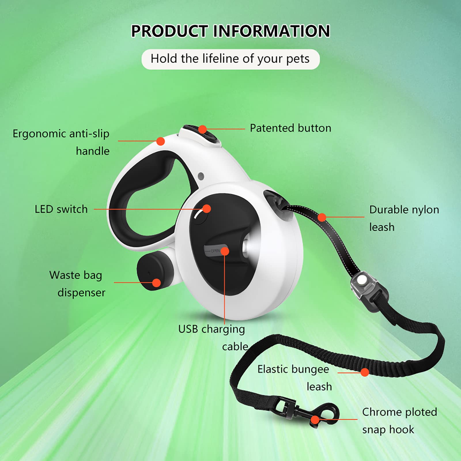 Fuerte Reflexivo Correa Perro Extensible, Correa De Perro Retráctil con Dosificador and Luz LED, Correa De Perro para Adiestramiento Y Paseo para Perros De hasta 50Kg/110lbs (5m/16ft)