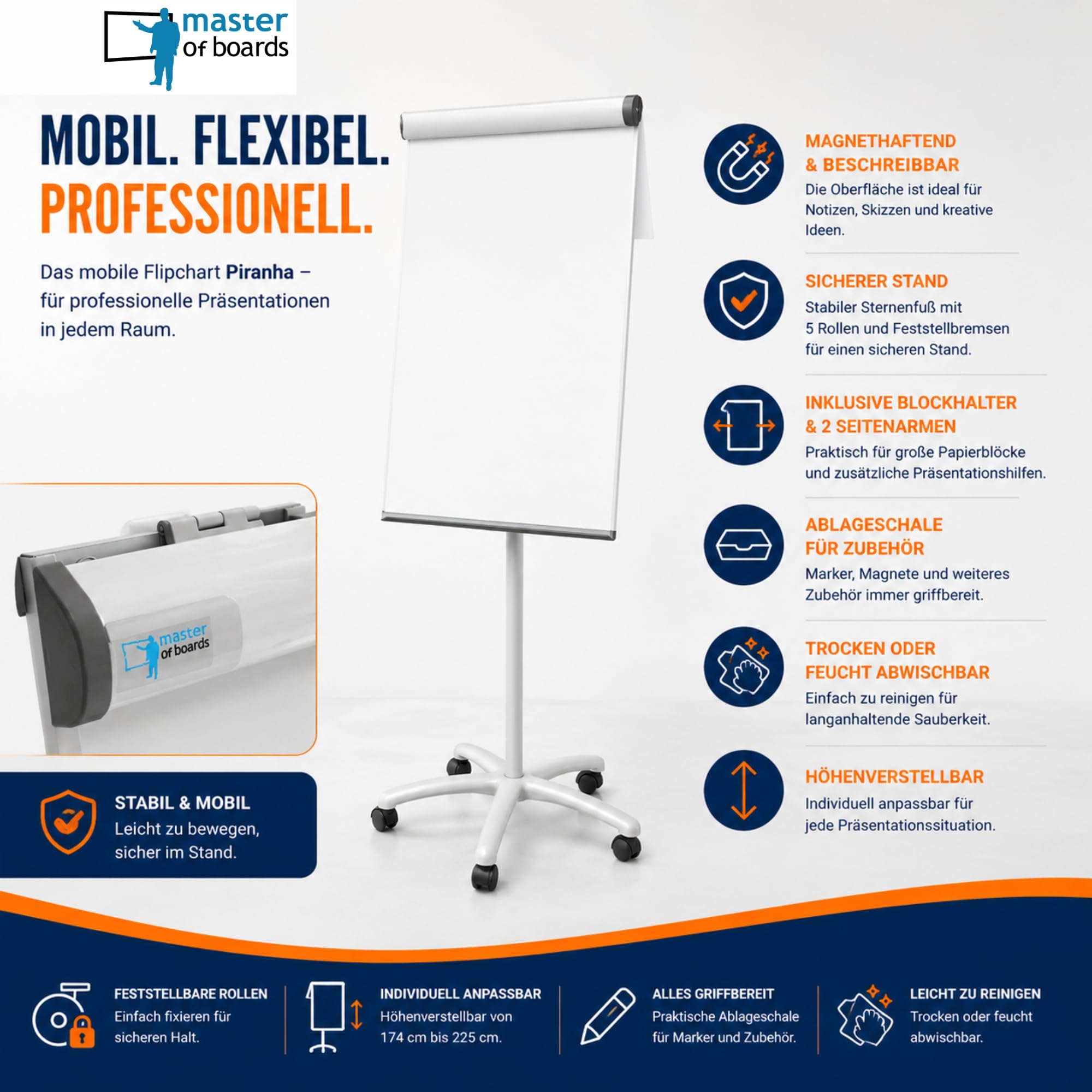Master of Boards® - Rotafolio profesional con base de rodillo móvil y versátil, soporte de papel plegable, pizarra blanca con soporte ajustable