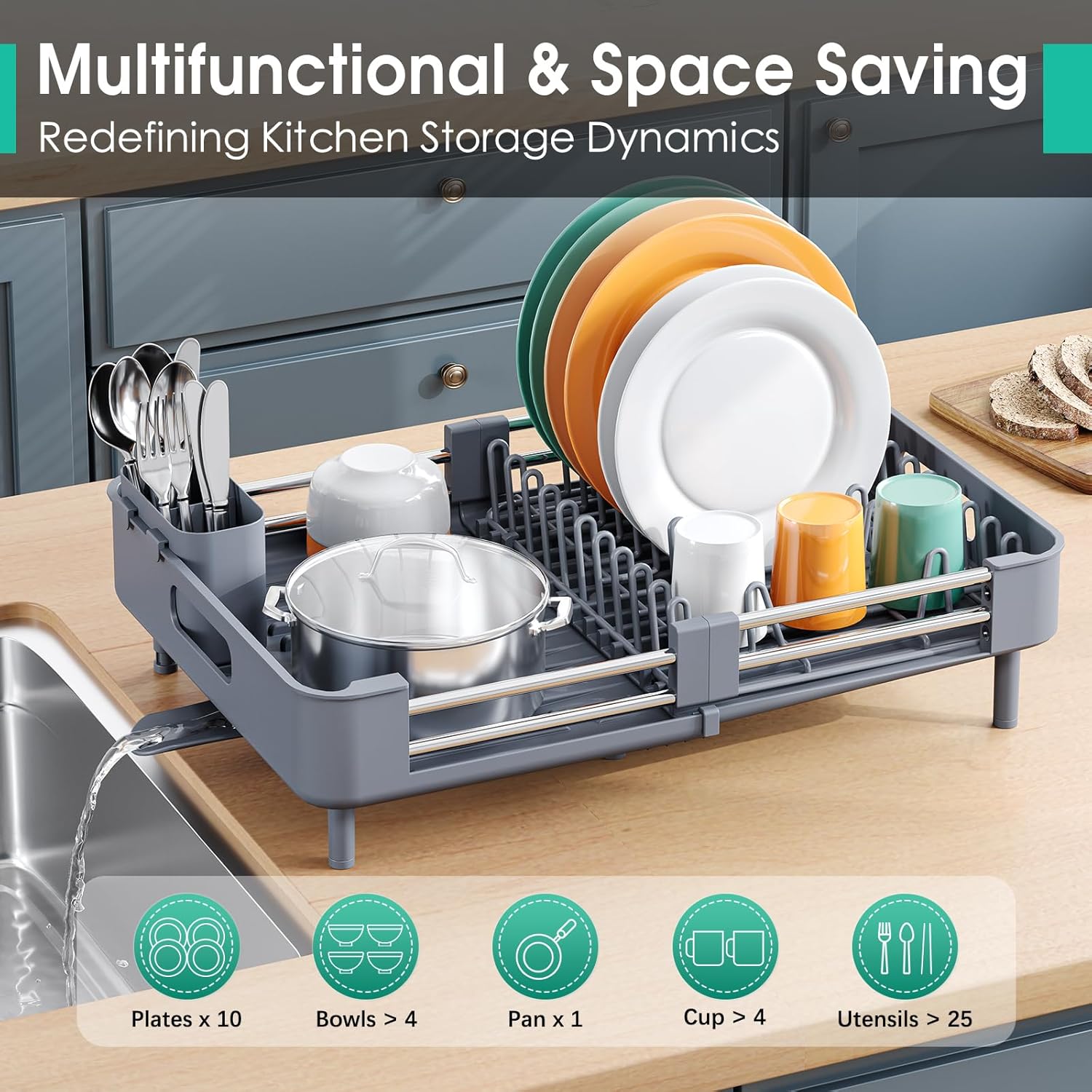 TOOLF Dish Drying Rack with Drainboard, Extendable Dish Rack for Kitchen Counter, Expandable Dish Drainer, Dish Strainer, Foldable Home Countertop Plate Storage Rack with Cutlery Holder, Gray