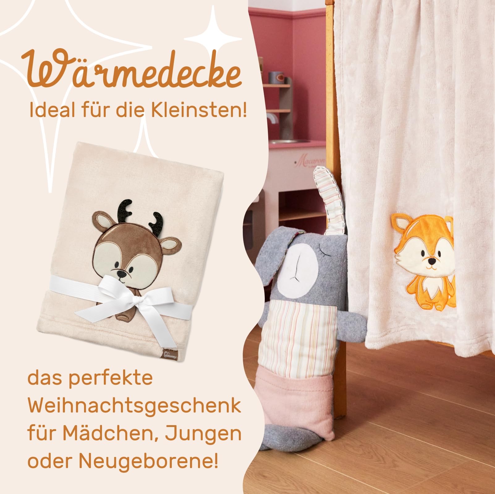 Be Mammy Coperta calda per bambini con peluche regalo per bambino con motivi 3D (Beige - Cervo)