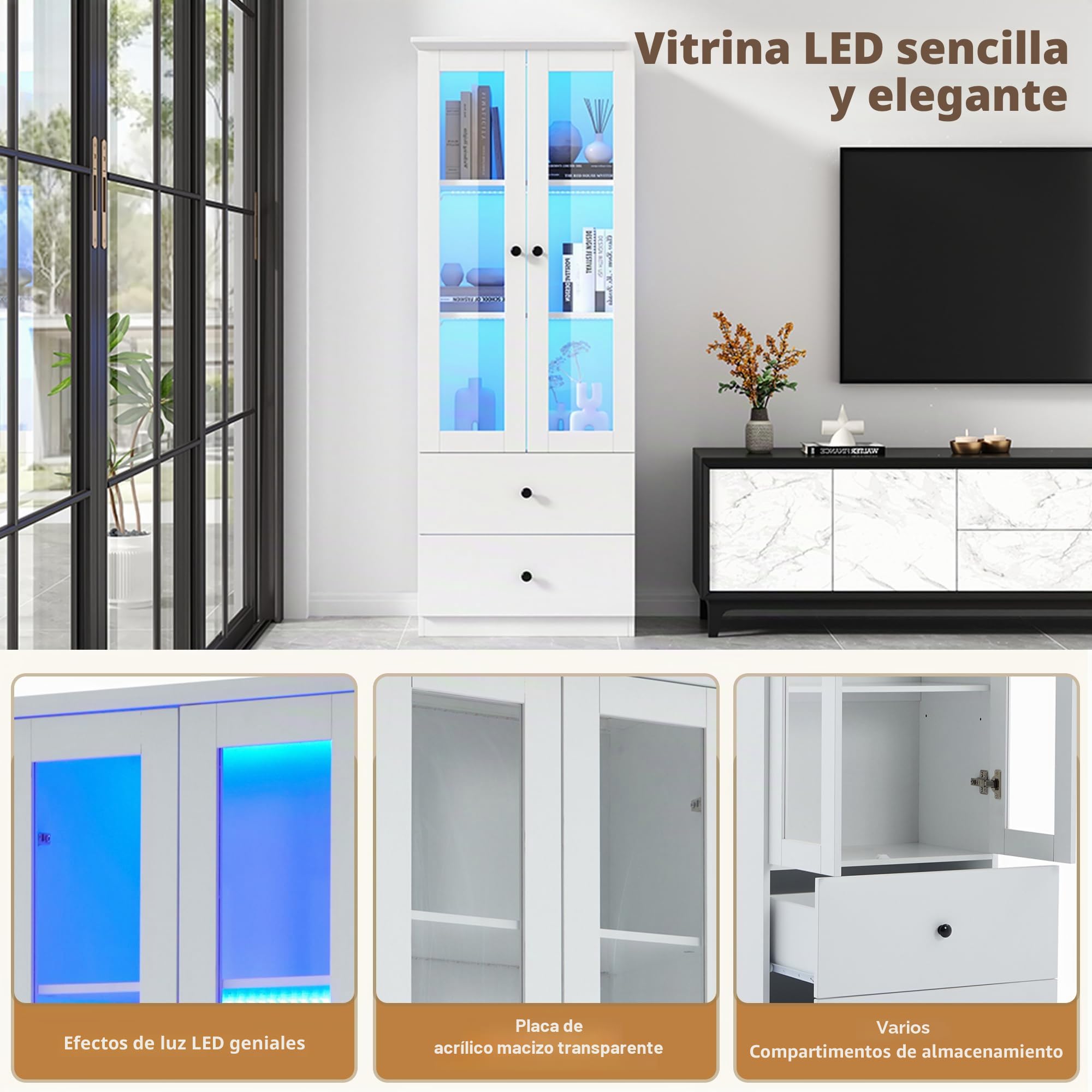 Merax Vitrina con luces LED, vitrina de cristal con cajones y estantes ajustables, moderna vitrina para libros, vitrina de colección, armario alto para cocina, salón, dormitorio, oficina, color blanco