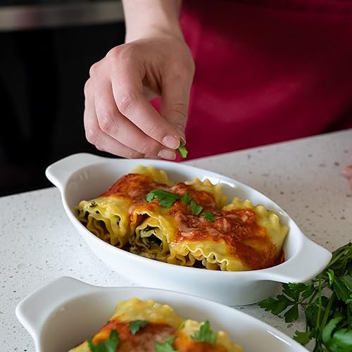 Miniatura 9 de Heartland Home Plato de porcelana mini cacerola ovalada para gratinar (juego de 4 piezas). Plato para hornear coliflor, cuencos partidos de plátano,