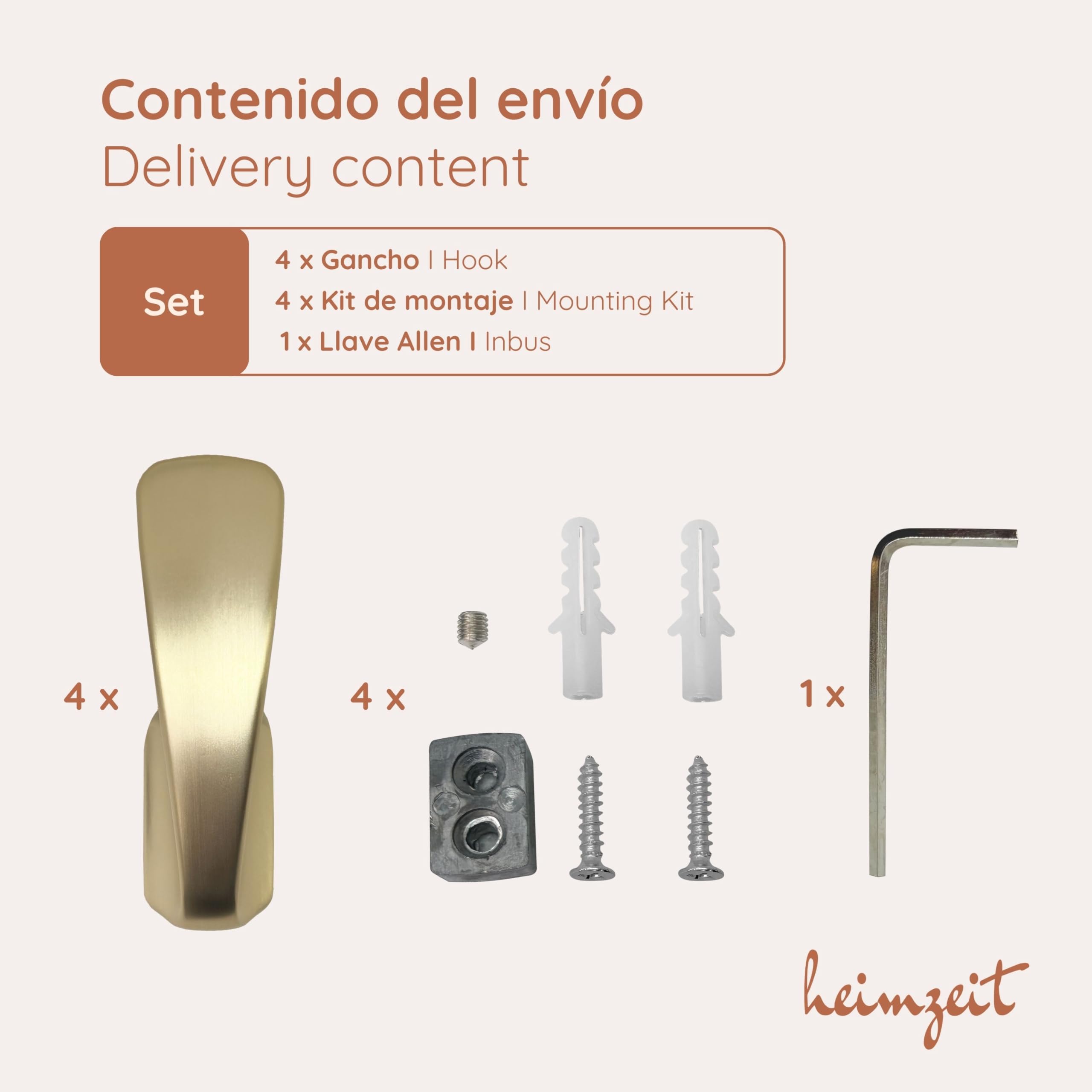 Ganchos de Pared Curve para Atornillar 4 Unidades en Oro, Perchero de Pared para Armario, Chaqueta, Toalla, Mochila y Ropa, Diseño Moderno, Ganchos Metálicos para Perforar