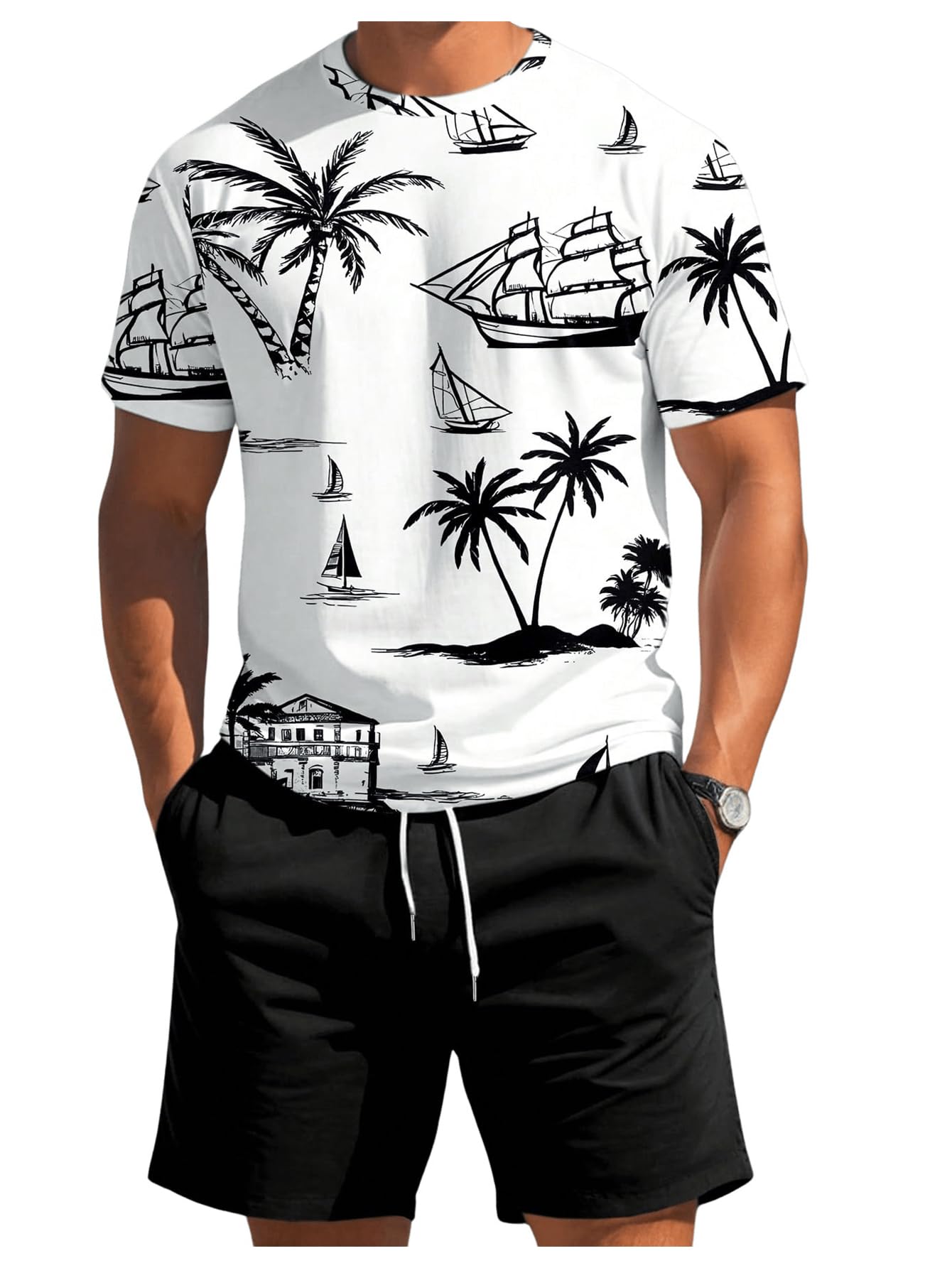 RoseSeek Men's 2 Piece Outfits Tropical Graphic Short Sleeve T-Shirt and Drawstring Waist Shorts Sets