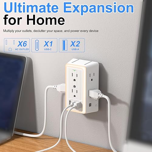 Miniatura 2 de Extensor de toma de pared con puertos de carga USB, bloque de extensión de enchufe 9 en 1, múltiples salidas de CA, divisor de concentrador de
