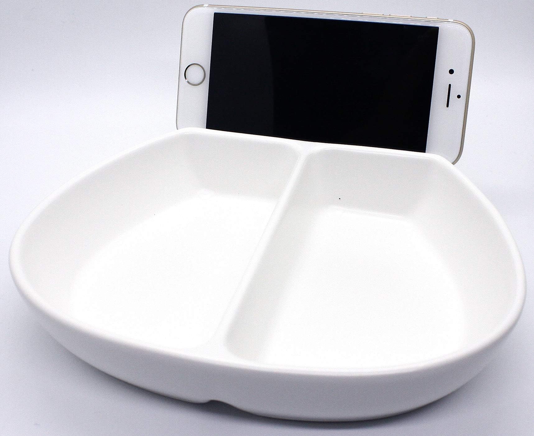 Divided Bowl Anti-Soggy Cereal Bowl with Smartphone Holder Double Dippers BPA Free Microwave Safe (White)