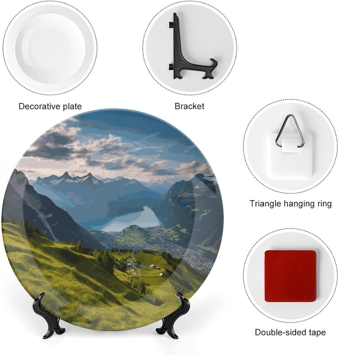 Switzerland Alps Ceramic Decorative Plate for Home, Bone China Plates | Chinese Style Decorative Dish with Stand, Dinner Plates Art Crafts for Wall Decor, Collections Plate with Hook 7inch