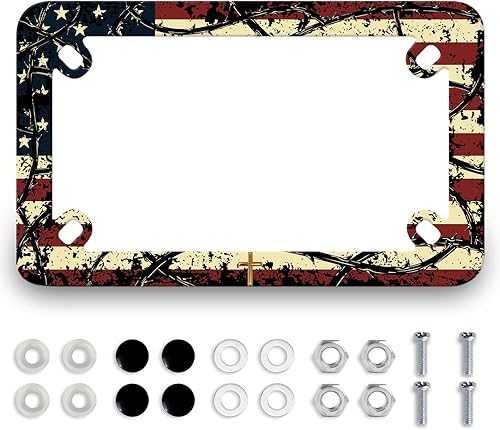 Marco de placa de motocicleta con cruz de Jesús, bandera estadounidense, de acero inoxidable, divertido soporte para placa de motocicleta,
