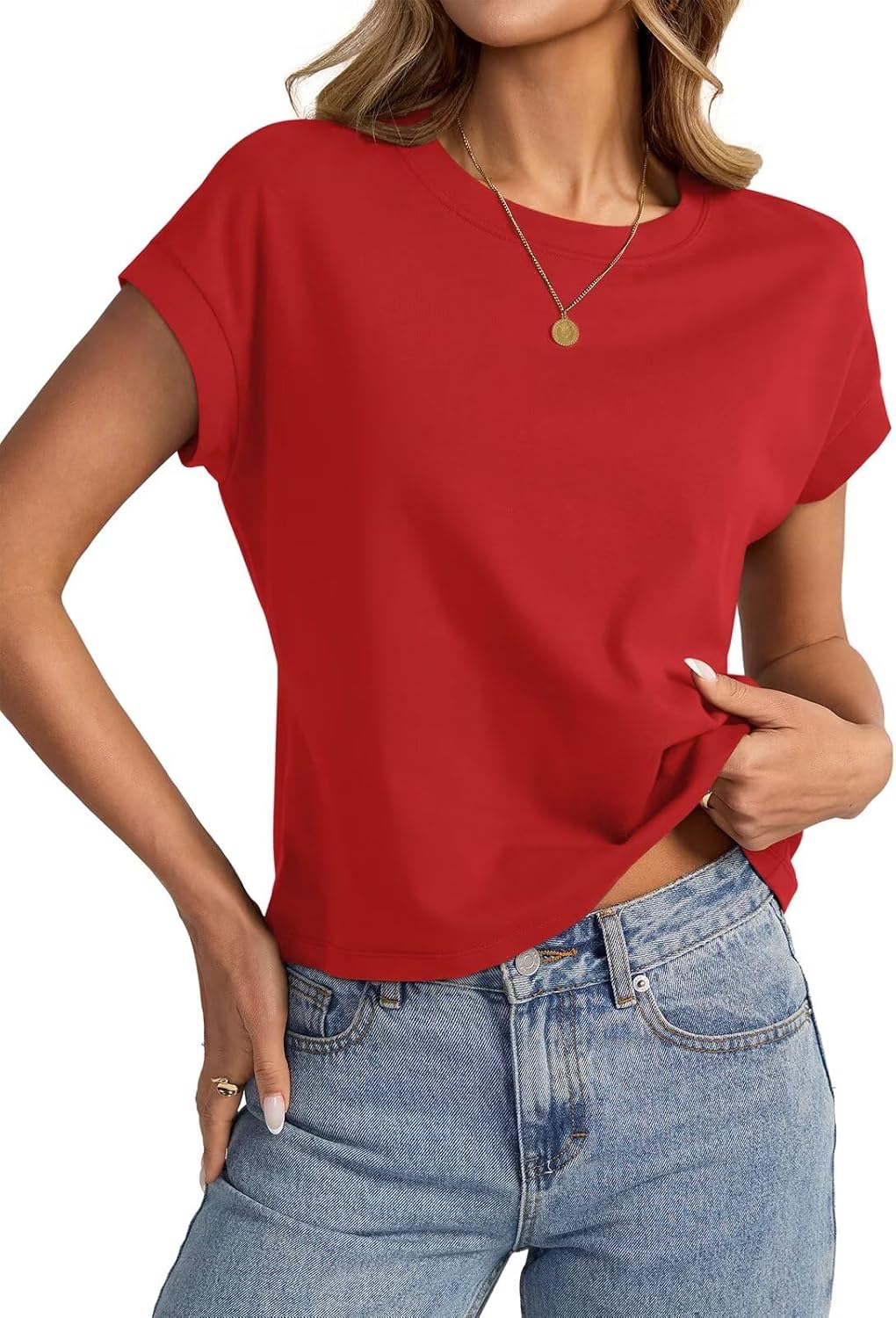Womens Cap Sleeve Crop Tops Cotton T Shirts Crewneck Loose Fit Short Sleeves Tee Summer Fashion Clothes 2026