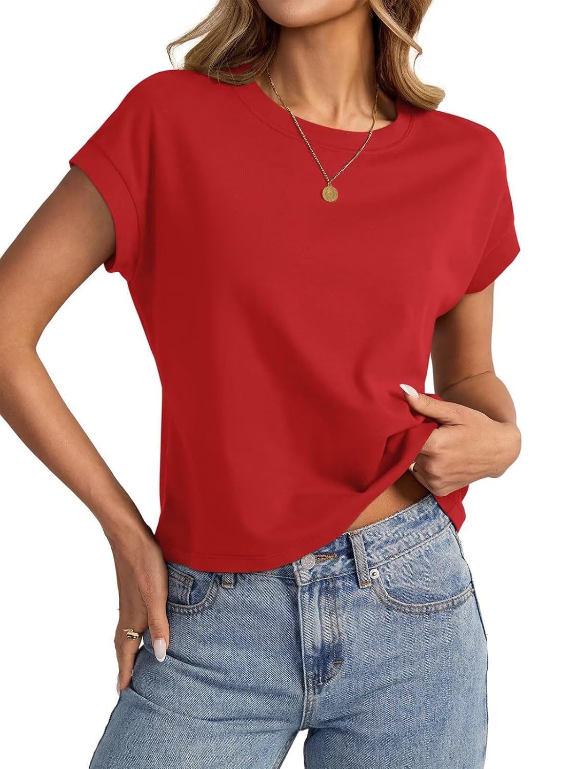 Womens Cap Sleeve Crop Tops Cotton T Shirts Crewneck Loose Fit Short Sleeves Tee Summer Fashion Clothes 2026