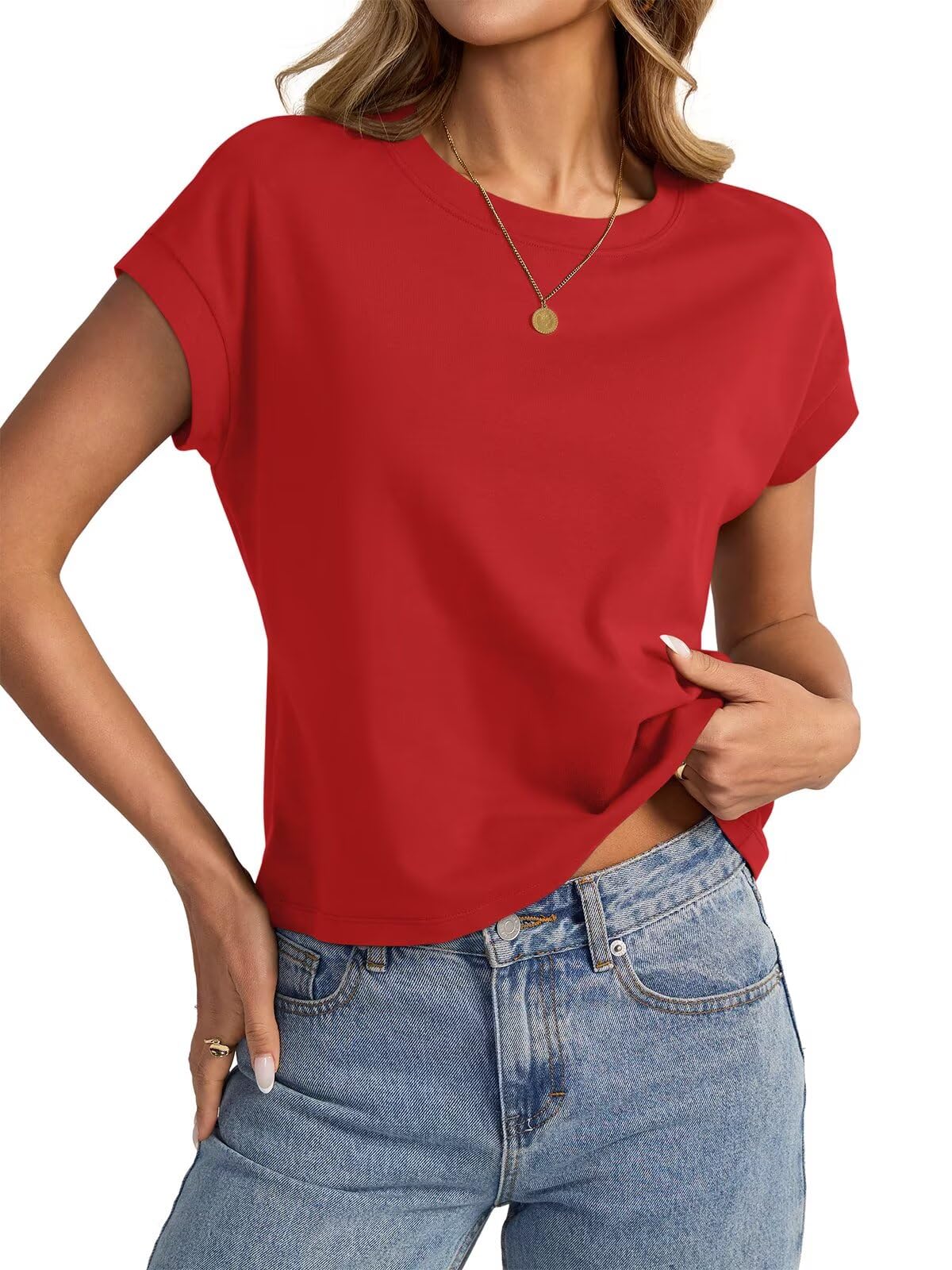 Womens Cap Sleeve Crop Tops Cotton T Shirts Crewneck Loose Fit Short Sleeves Tee Summer Fashion Clothes 2026